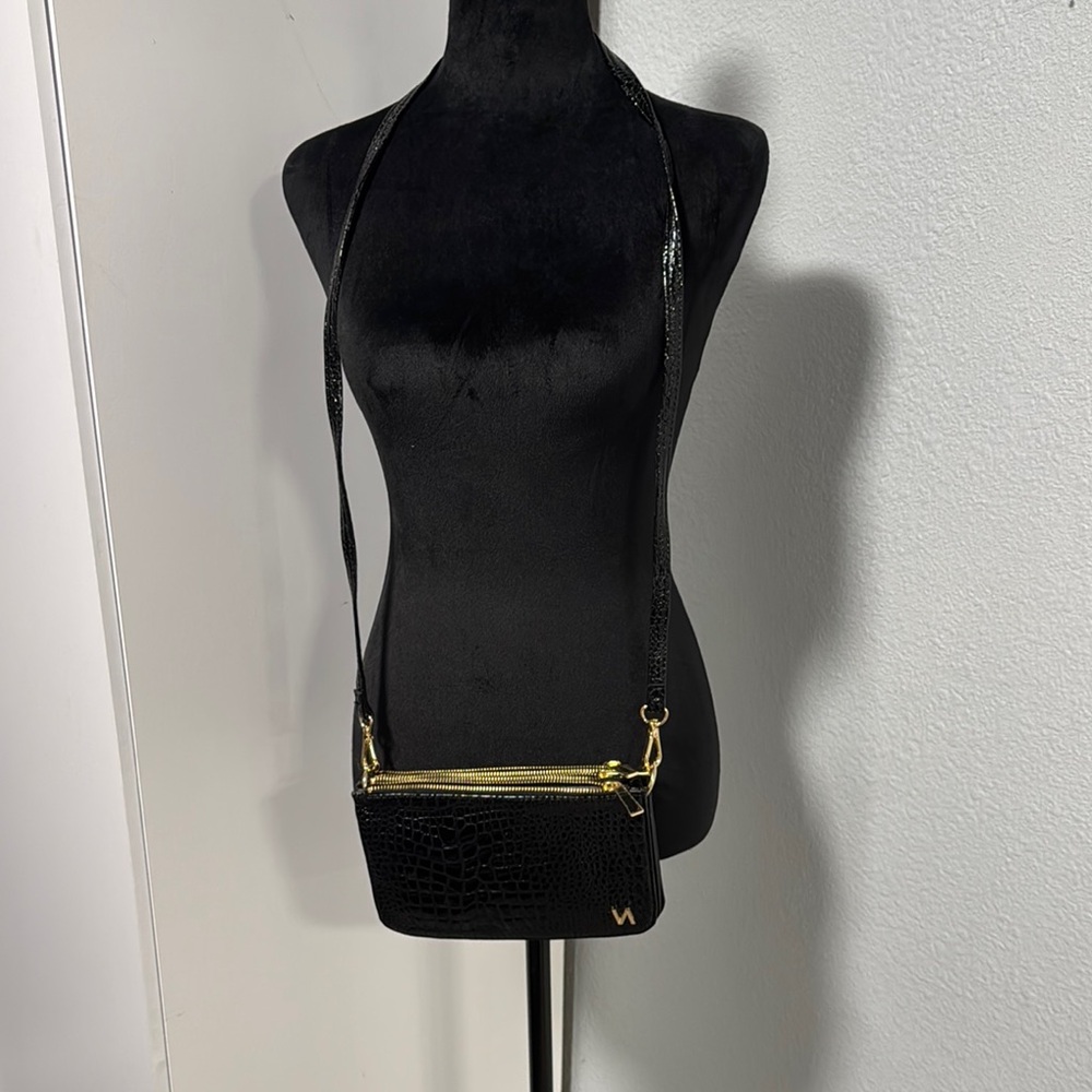 Victor Alfaro Elegant Black Crossbody with Gold Accents
